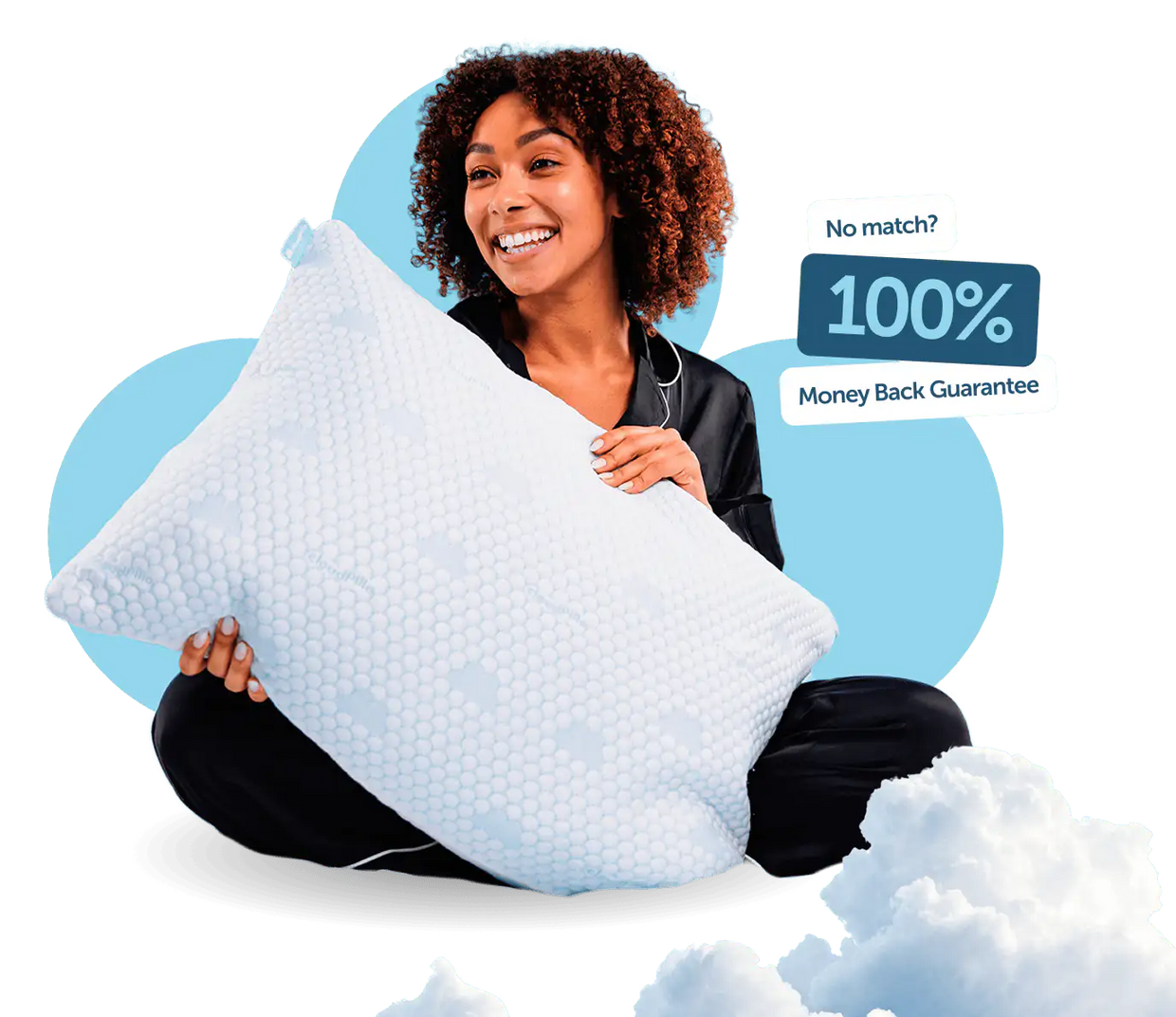 Smiling woman holding a Cloudpillo Original pillow with a “100% Money Back Guarantee” label, clouds and blue shapes in the background.