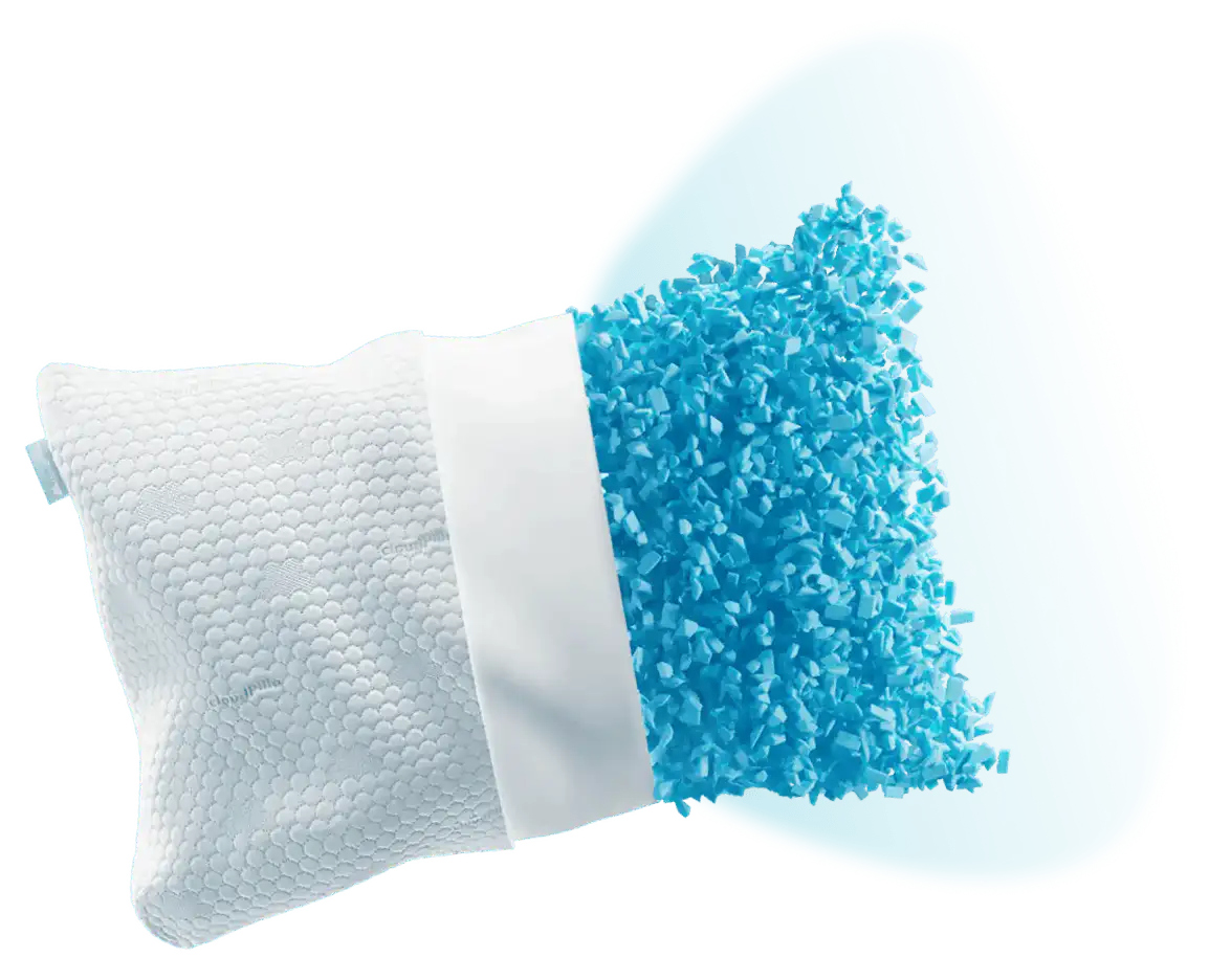 Half-open Cloudpillo Original pillow showing outer cover on the left and blue memory foam filling on the right