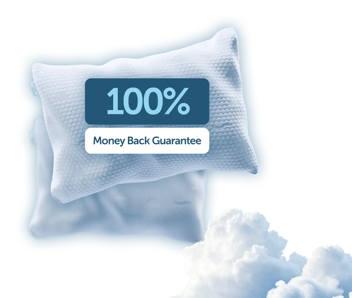 Cloudpillo pillow with “100% Money Back Guarantee” text, floating among soft clouds.